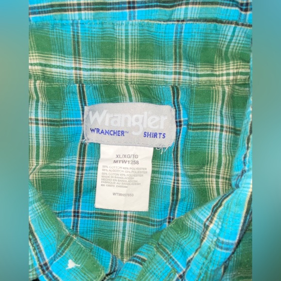 Wrangler Wrancher Pearl Snap Button Up Shirt Blue Plaid Cotton XL Vintage 90s - Picture 5 of 7